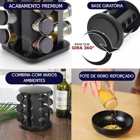Porta Tempero Giratorio Preto Com 6/9 Potes Vidro Reforçado Premium - Achou Resolveu - Utilidades domésticas