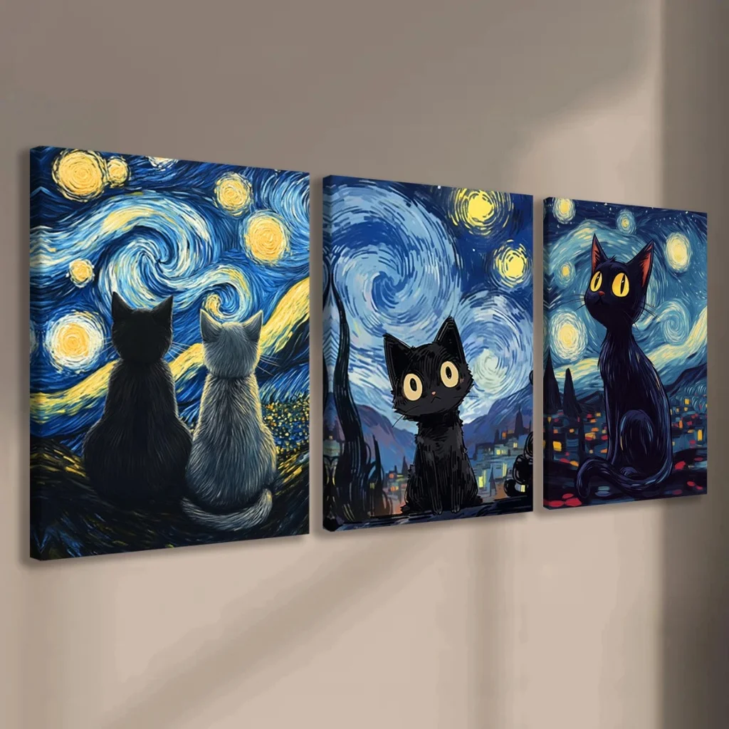 Quadro Decorativo Sala Paisagem de Gato Preto e Branco da Noite Estrelada de Van Gogh 3 Peças - Hub de Ofertas - Decoração