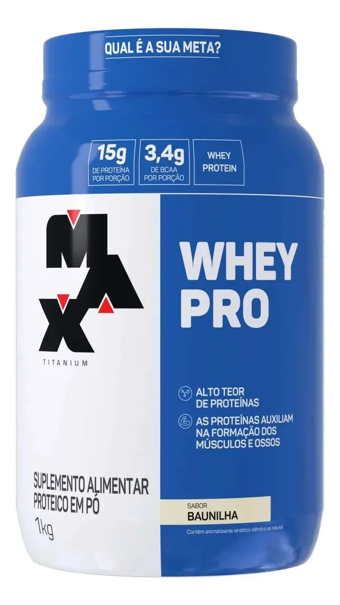 Whey Pro Max Titanium, com BCAA e Aminoácidos, 1kg, nos Sabores Baunilha, Morango ou Chololate - Luiz Miranda - Esportes e Fitness