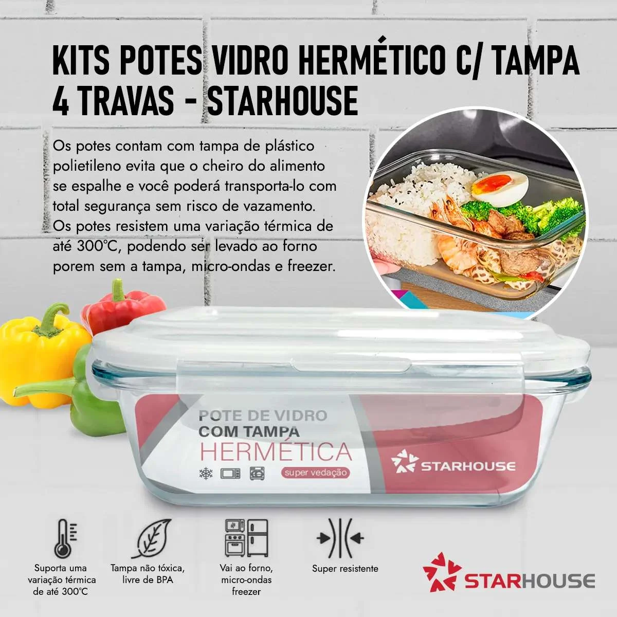 Kit 10 Potes Vidro 370ml Hermético Marmita Forno Refratário Star House - OfertasExplosivaseaqui - 🏠 Casa