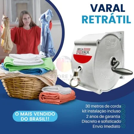 Varal Retratil Parede Recolhível Retrátil Roupa 30mt + Ganchos - Achou Resolveu - Utilidades domésticas