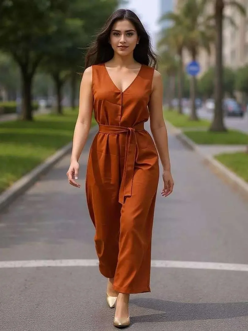 Macacão feminino elegante pantalona longa com cinto, decote em V, costas abertas e bolsos invisíveis, moderno versátil - VARIET - Roupas